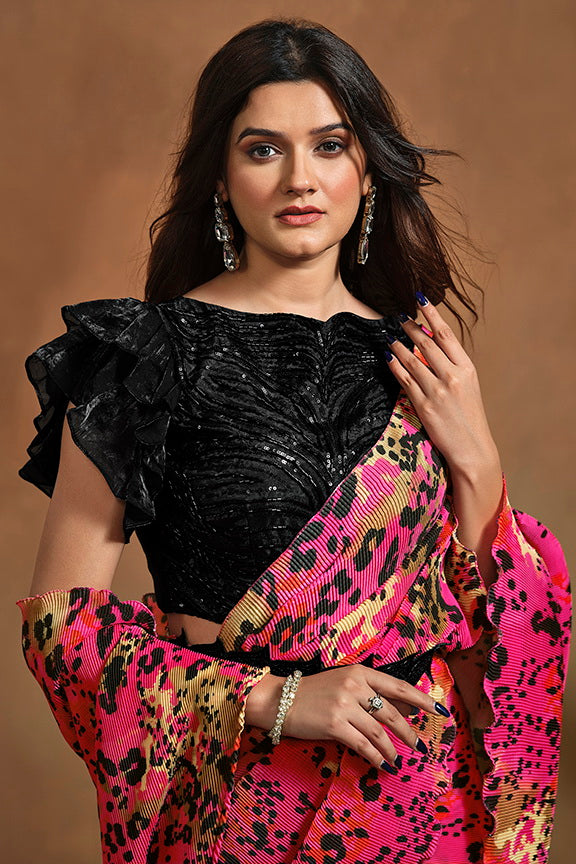 Pink Hand Work Satin Silk Ready to Wear Saree