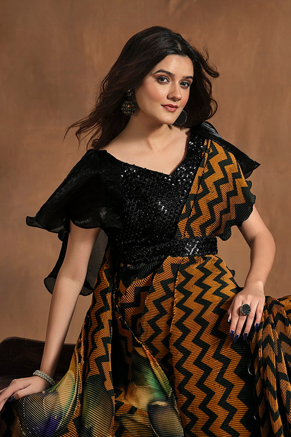 Brown Hand Work Satin Silk Ready to Wear Saree