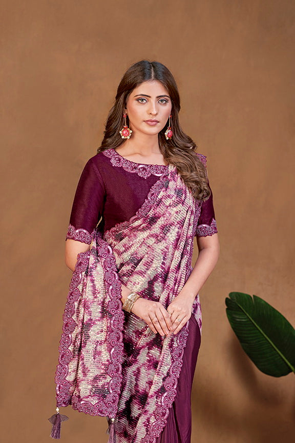 Wine Embroidery Satin Silk Ready to Wear Saree