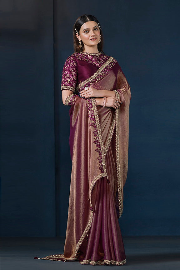 Magneta Crepe satin silk Jari work with Pure Handwork Saree with Unstitched Blouse