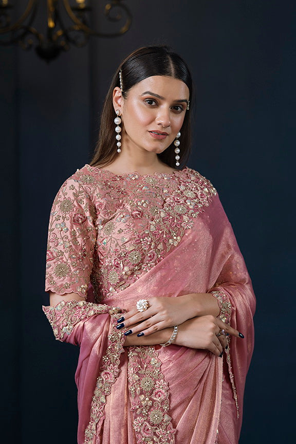 Light Pink Simmer Chiffon Sequins with Pure Handwork Saree with Unstitched Blouse