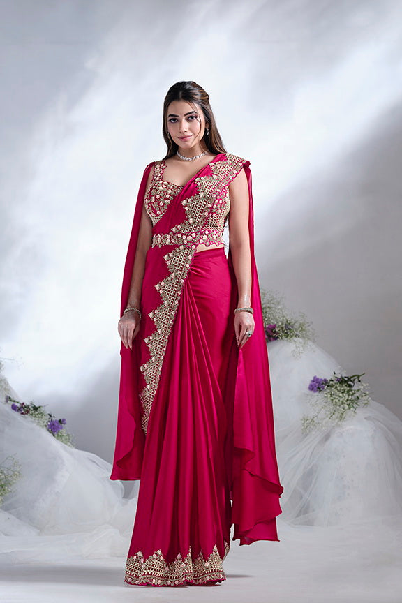 Red Moti Work Satin Silk Ready to Wear Saree
