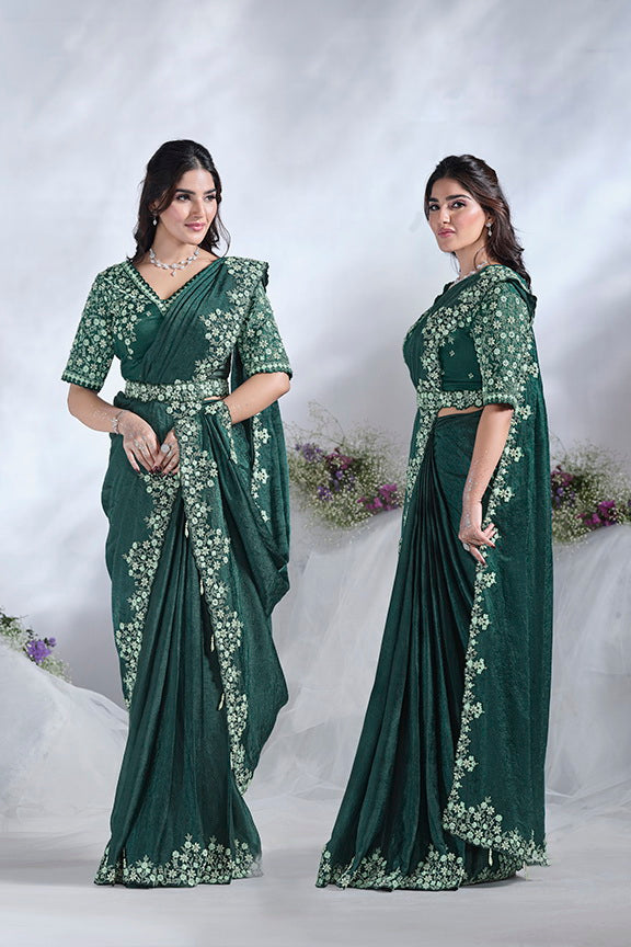 Green Hand Work Satin Silk Ready to Wear Saree