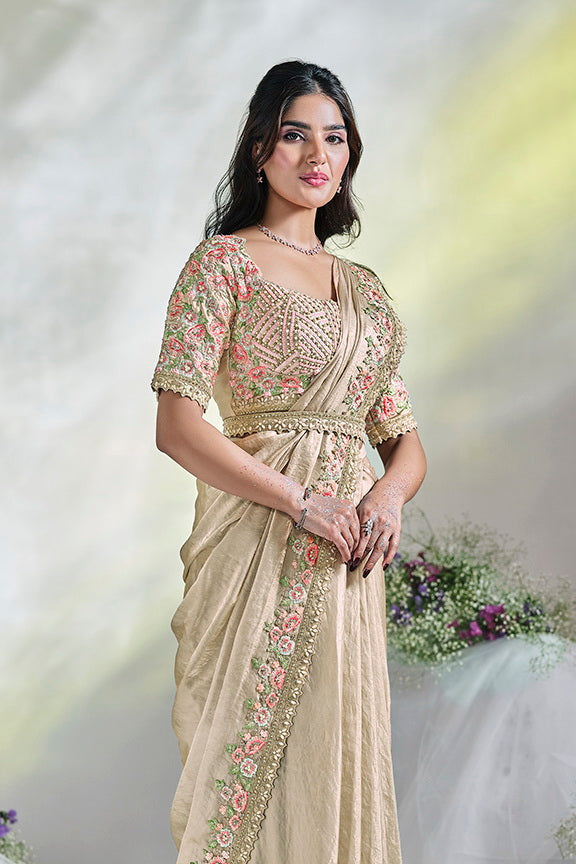 Tussar Cream Moti Work Satin Silk Ready to Wear Saree
