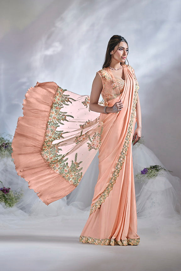 Peach Hand Work Satin Silk Ready to Wear Saree
