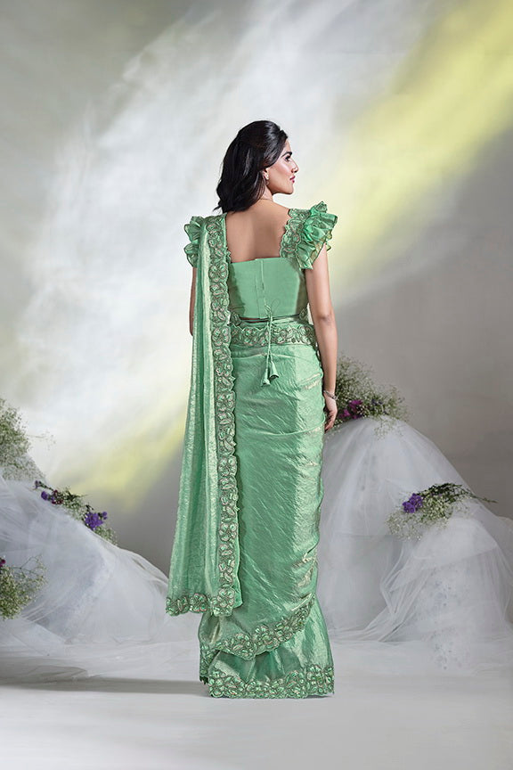 Green Hand Work Satin Silk Ready to Wear Saree