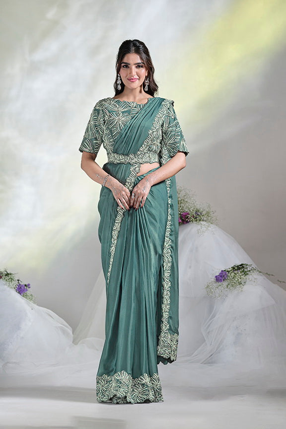 Aqua Blue Hand Work Satin Silk Ready to Wear Saree