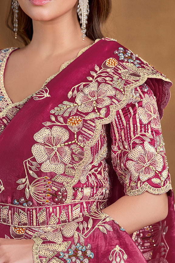 Pink Pure Handwork Crush Paper Silk Saree