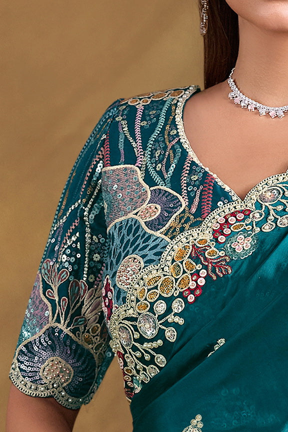 Blue Pure Handwork Crush Satin Silk Saree