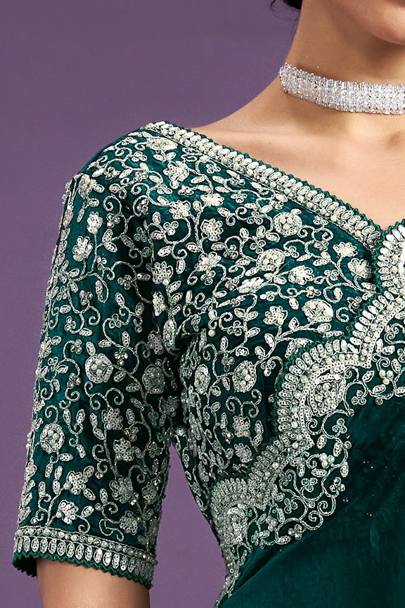 Green Hand Work Two Tone Satin Silk Saree