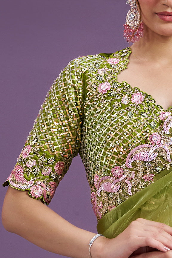 Liril Green Moti Work Two Tone Satin Silk Saree
