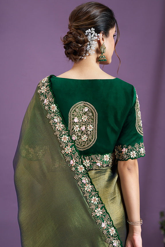 Green Sequence Work Glass Tissue Saree