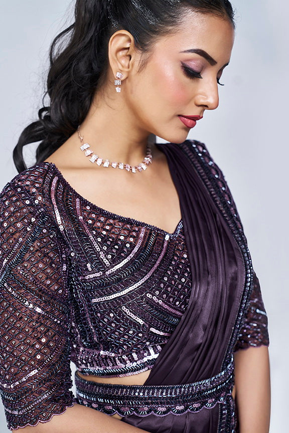 Purple Hand Work Satin Silk Ready to Wear Saree