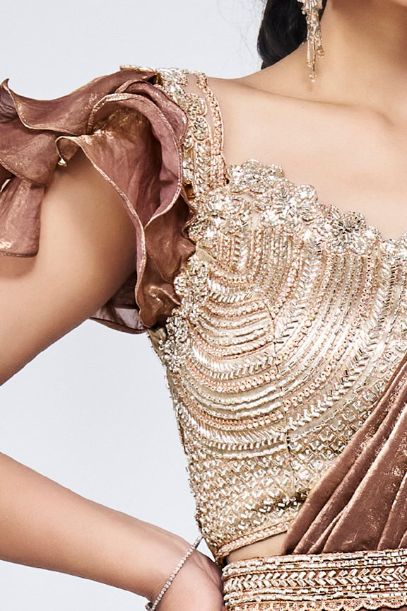 Brown Hand Work Satin Silk Ready to Wear Saree