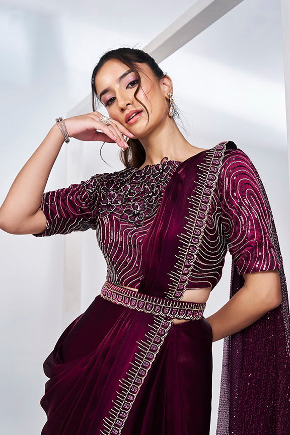 Wine Hand Work Satin Silk Ready to Wear Saree