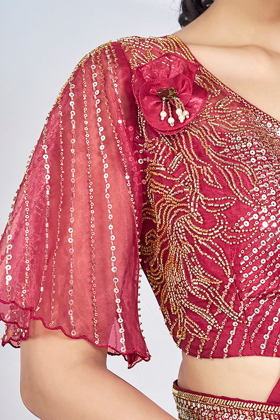 Pink Hand Work Satin Silk Ready to Wear Saree