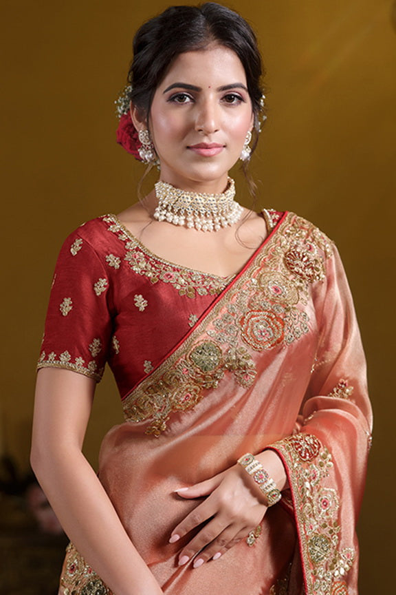 Orange Pure Twill Tissue Pure Khatli work Designer Saree With Blouse.
