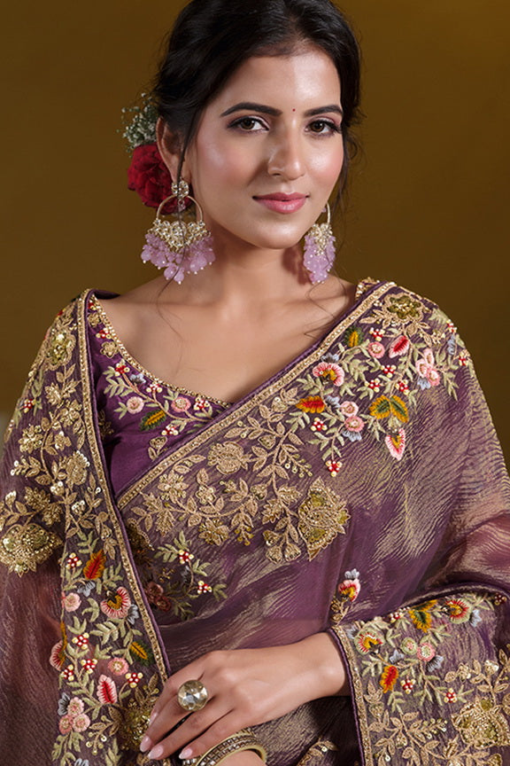 Purple Pure Banarasi Crush Pure Khatli work Designer Saree With Blouse.