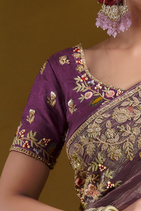 Purple Pure Banarasi Crush Pure Khatli work Designer Saree With Blouse.