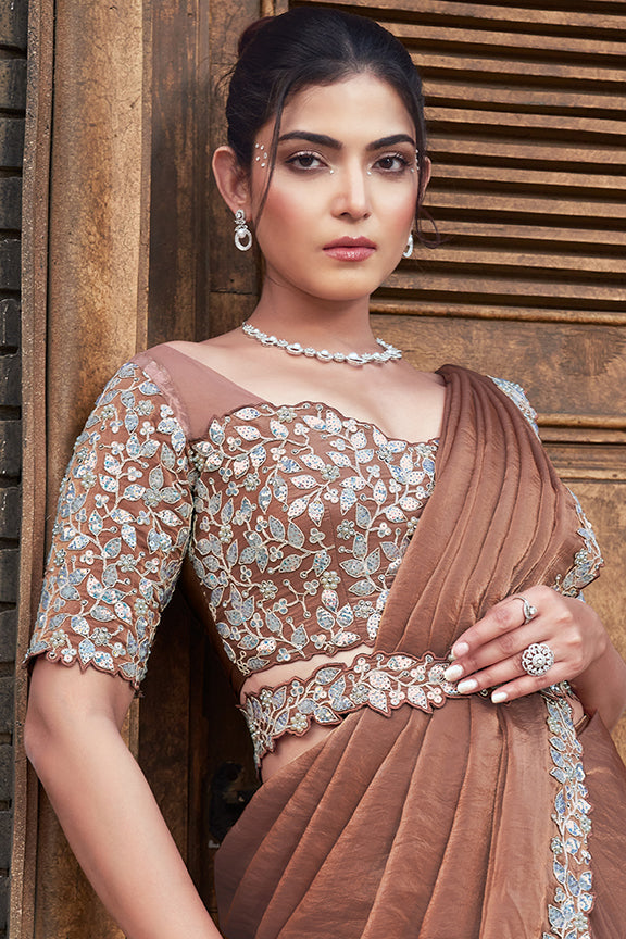 Brown Two Tone Satin Silk Pearl Work Ready to wear saree