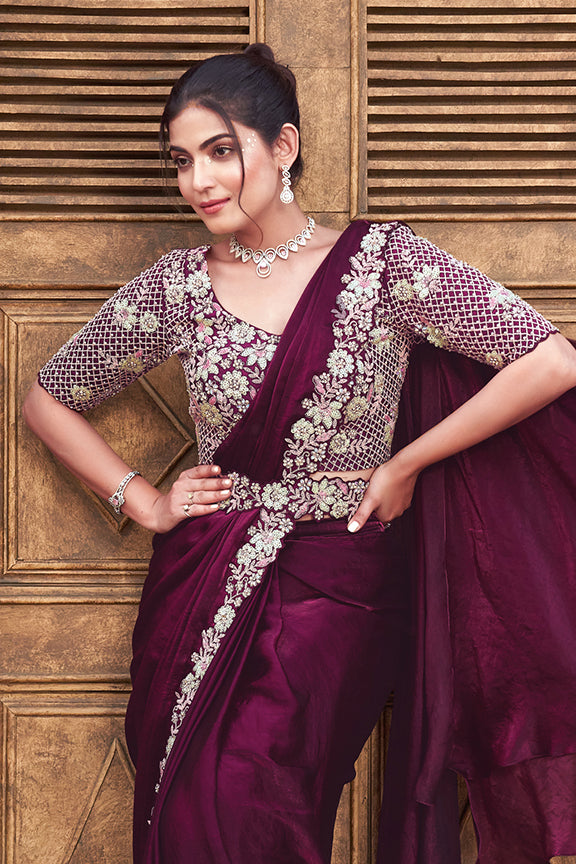 Wine Two Tone Satin Silk Hand Work Ready to wear saree