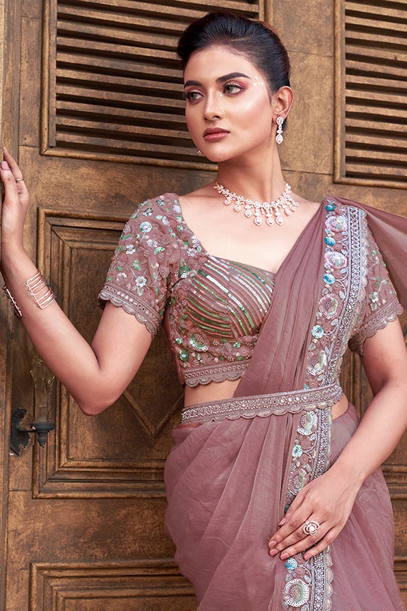 Peach Two Tone Satin Silk Hand Work Ready to wear saree.