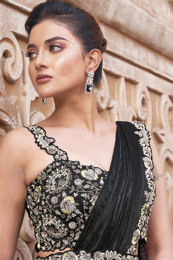 Black Two Tone Satin Silk Pearl Work Ready to wear saree