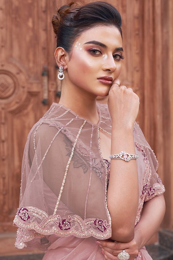 Pink Two Tone Satin Silk Hand Work Ready to wear saree