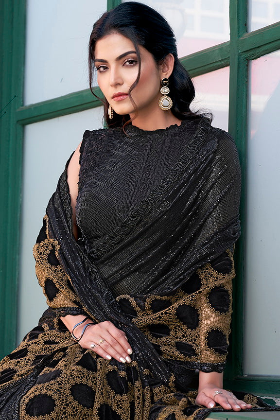 Black Gucci Velvet  PureBeads Hand Work Designer Saree