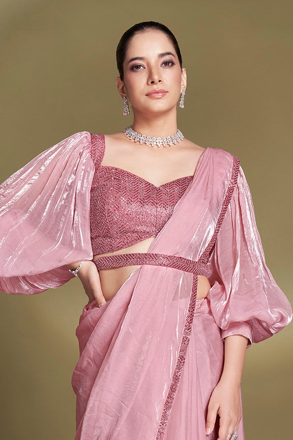 Pink Two Tone Satin Silk Sequins Ready to Wear Saree