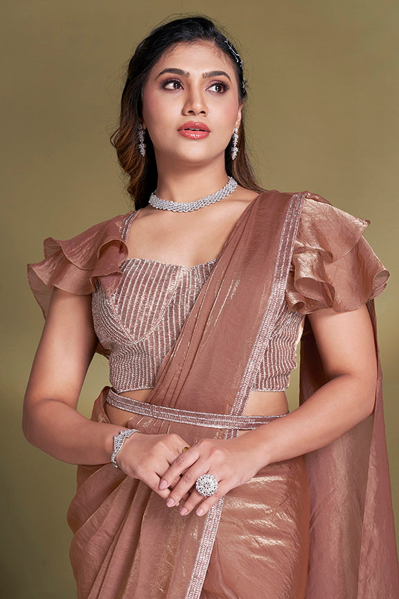 Rust Two Tone Satin Silk Sequins Ready to Wear Saree