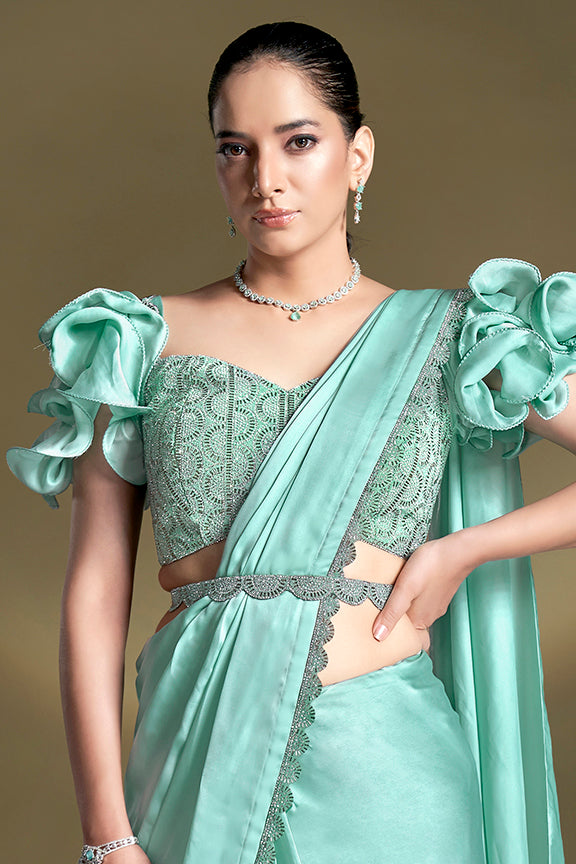 Sea Green Crepe Satin Silk Sequins Ready to Wear Saree