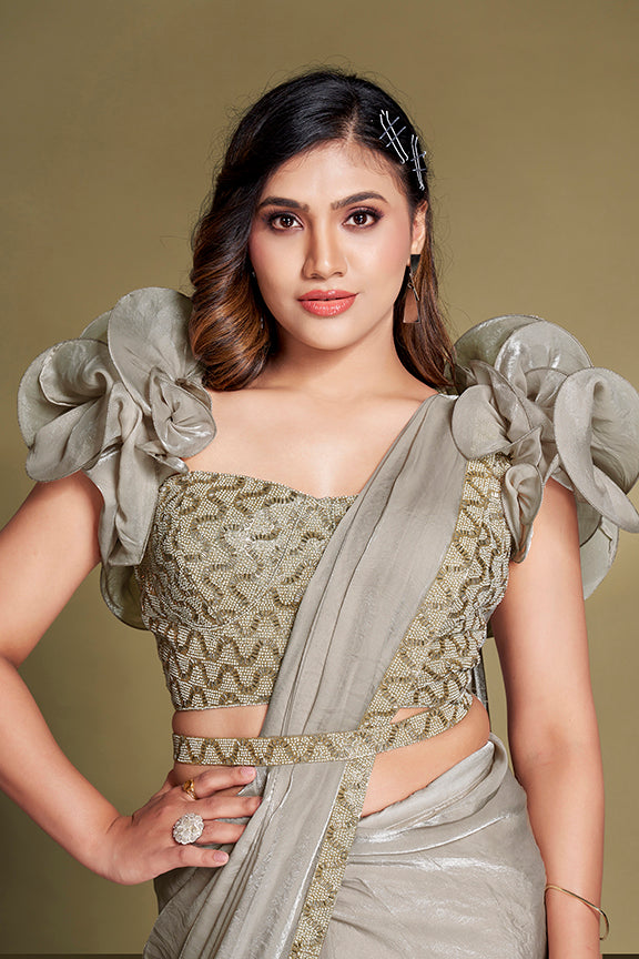 Grey Two Tone Satin Silk Sequins Ready to Wear Saree