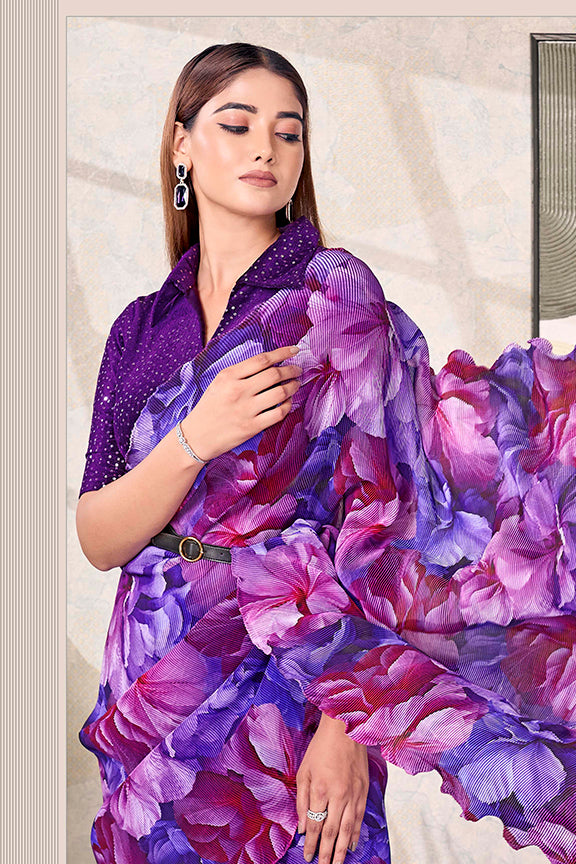 Purple Pure Satin Silk Embroidery Ready to Wear Saree