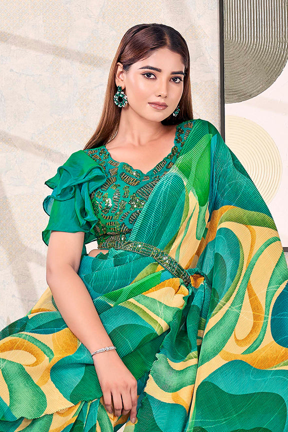 Green Pure Satin Silk Embroidery With Beads Work Ready to Wear Saree