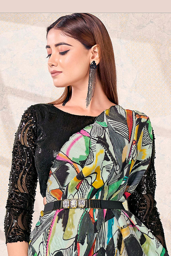 Black Pure Satin Silk Squence Embroidery Ready to Wear Saree