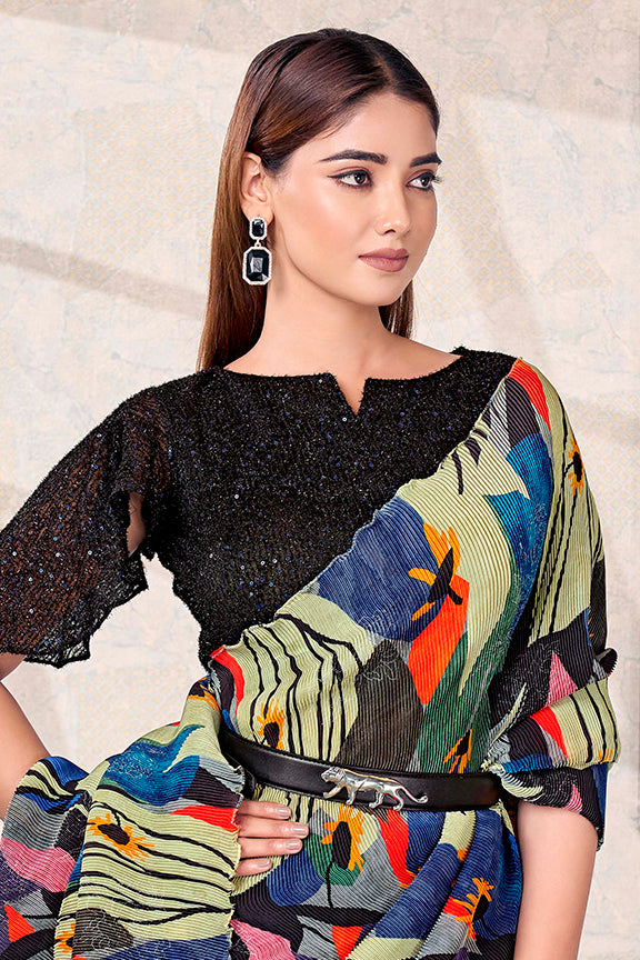 Blue Pure Satin Silk Squence Embroidery Ready to Wear Saree