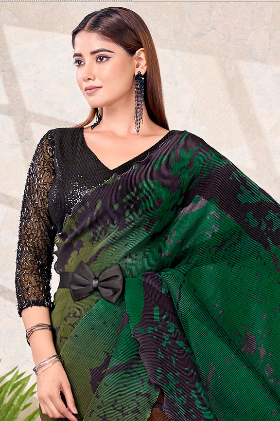 Green Pure Satin Silk Embroidery With Beads Work Ready to Wear Saree