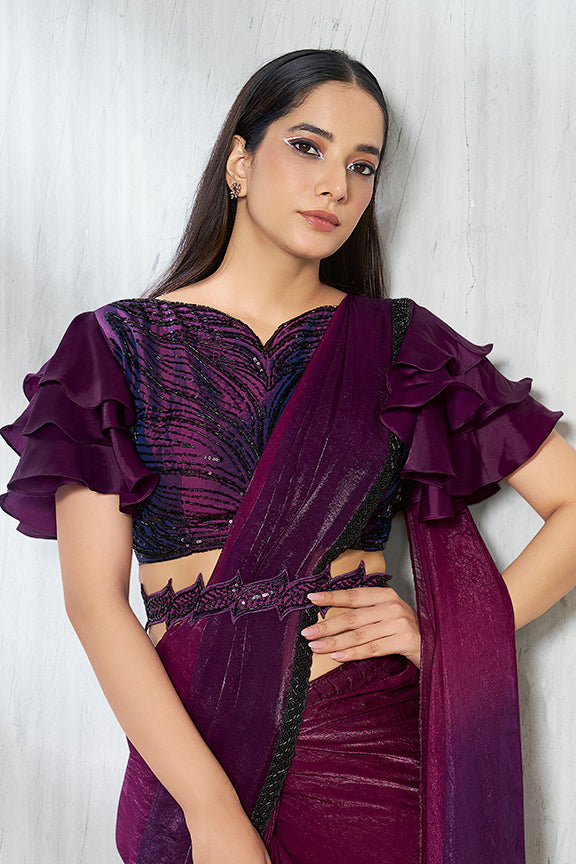 Wine Two Tone Satin Silk Beads Reay to Wear Saree