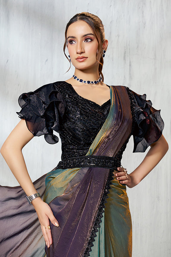 Teal Blue Two Tone Satin Silk Beads Ready to Wear Saree