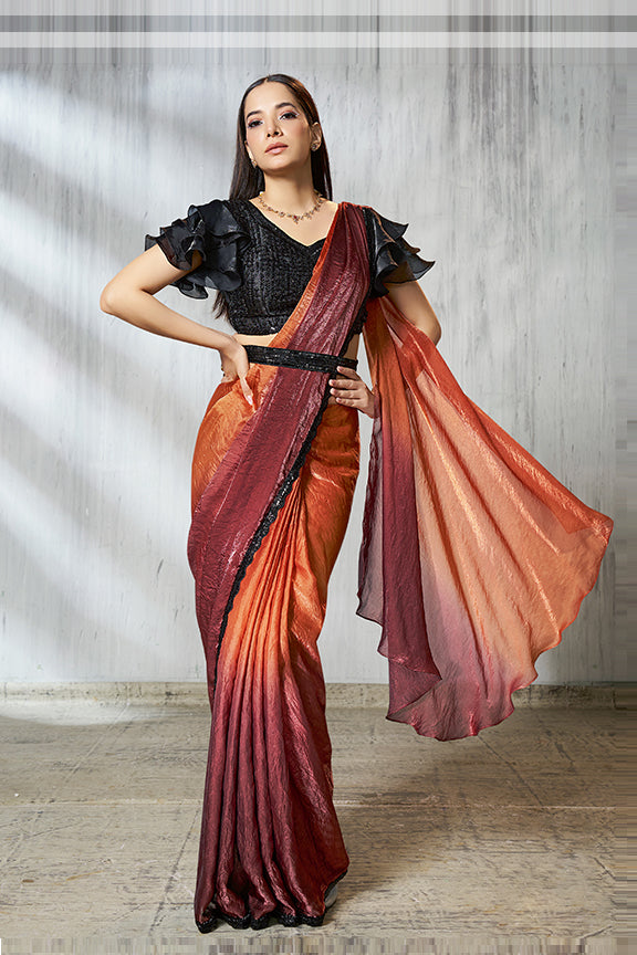 Rust Two Tone Satin Silk Beads Ready to Wear Saree