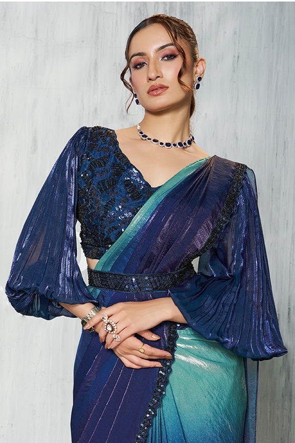 Blue Two Tone Satin Silk Beads Ready to Wear Saree