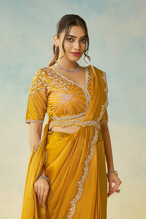 Yellow Satin Silk Multi Stone Handwork Ready to Wear Saree