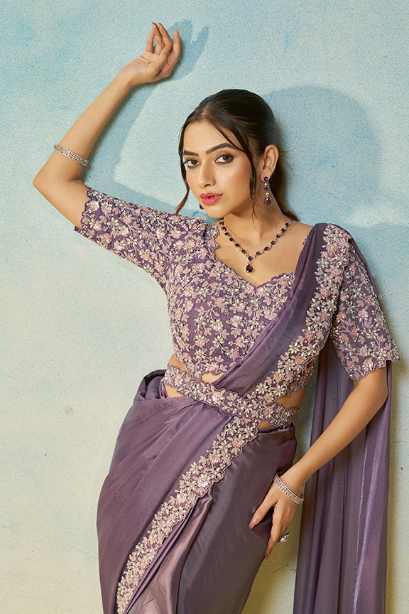 Lavender Natural Satin Silk Mirror Handwork Ready to Wear Saree