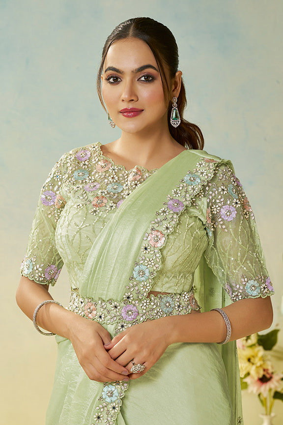 Pista Green Two Tone Satin Silk Stone Handwork Ready to Wear Saree view 2