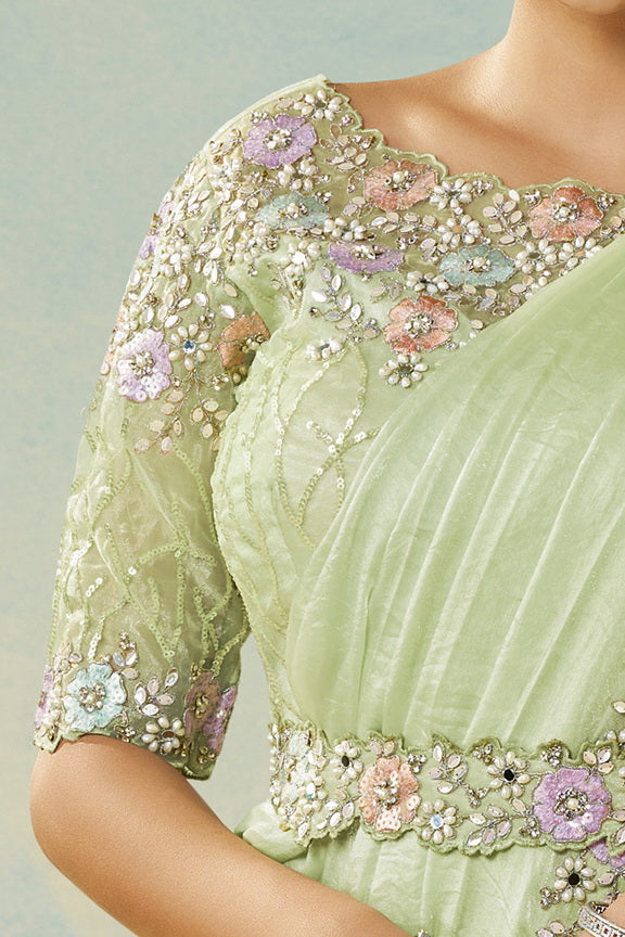 Pista Green Two Tone Satin Silk Stone Handwork Ready to Wear Saree view 3