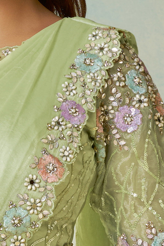 Pista Green Two Tone Satin Silk Stone Handwork Ready to Wear Saree view 4