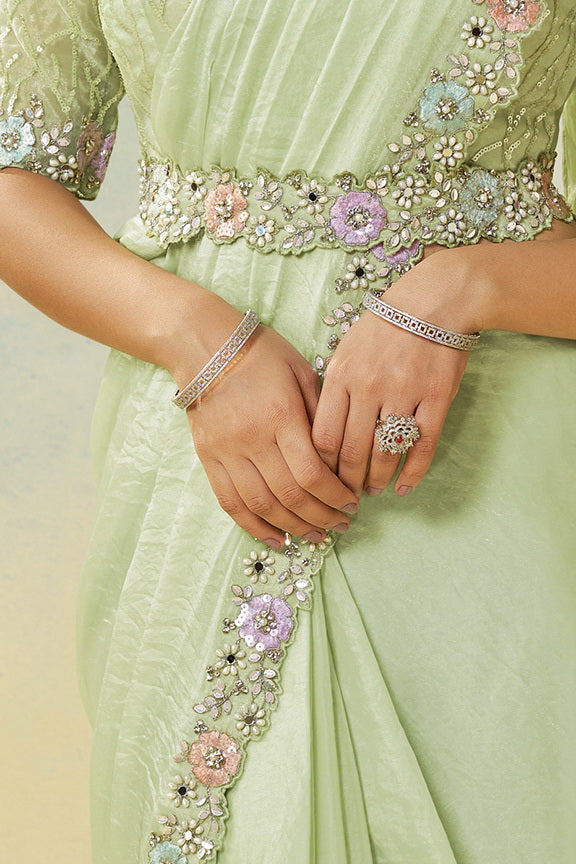 Pista Green Two Tone Satin Silk Stone Handwork Ready to Wear Saree view 5