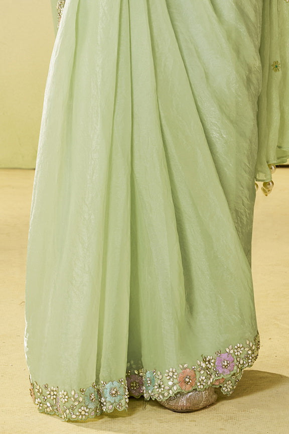Pista Green Two Tone Satin Silk Stone Handwork Ready to Wear Saree view 6