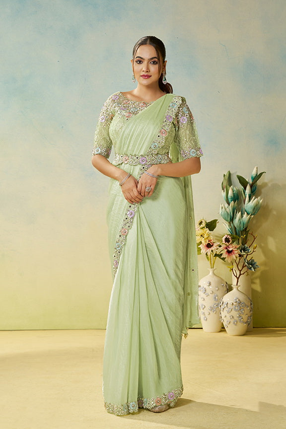 Pista Green Two Tone Satin Silk Stone Handwork Ready to Wear Saree
